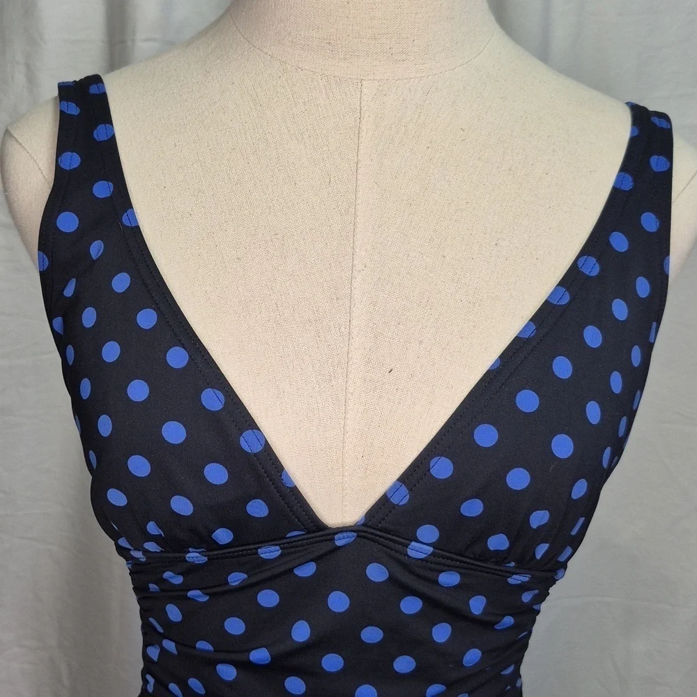 DKNY One Piece Swimsuit Black/Blue Polka Dot Side Ruching V Neck Swimwear Sz 10 - Picture 2 of 15
